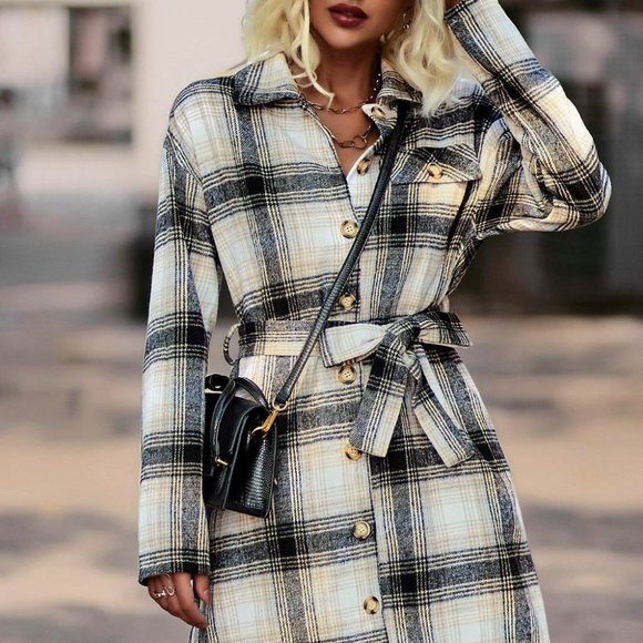 plaid print belted overcoat casual streetwear - Picture 2 of 7